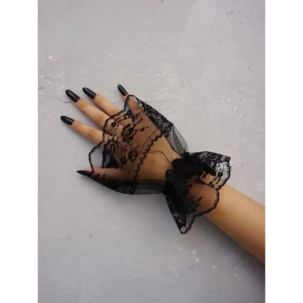 Women's Front Wrist Cuff Floral Lace Bow Wrist Black Butterfly Prom Gloves